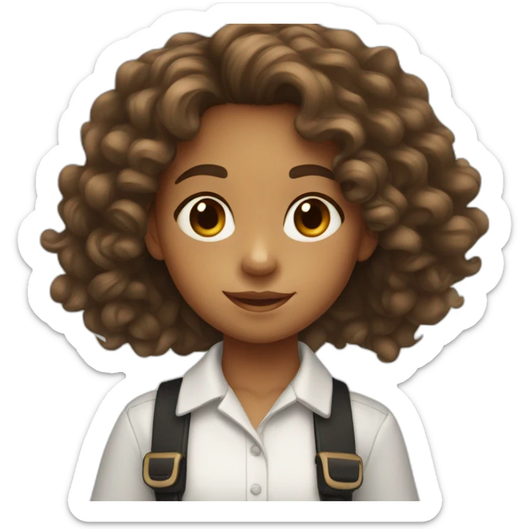 9 year old girl with long curly brown hair wearing a white shirt with black letters sticker