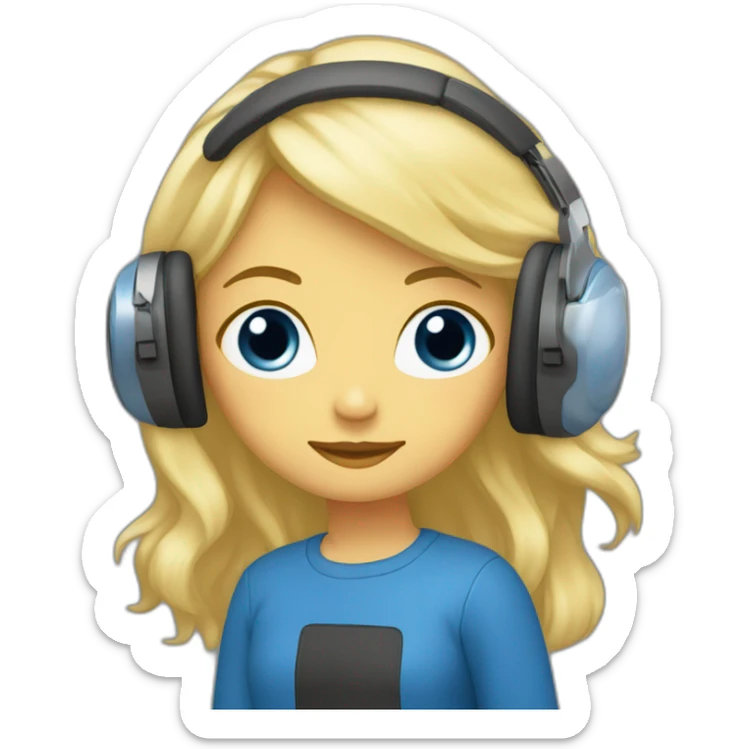 Femme aux yeux bleus, cheveux longs et blonds, avec un casque musique sticker