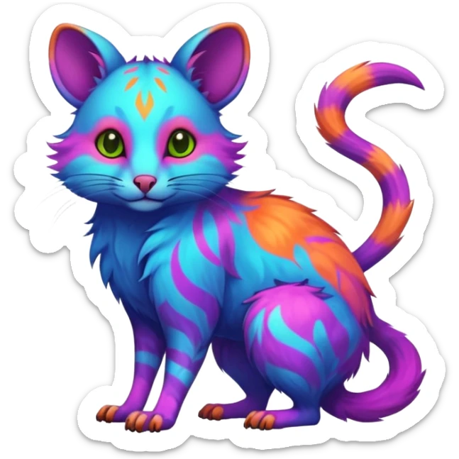 Exotic Neon-colored fantasy feline-rodent-marsupial-critter-vernid-fursona animal creature full body with intricate markings  sticker