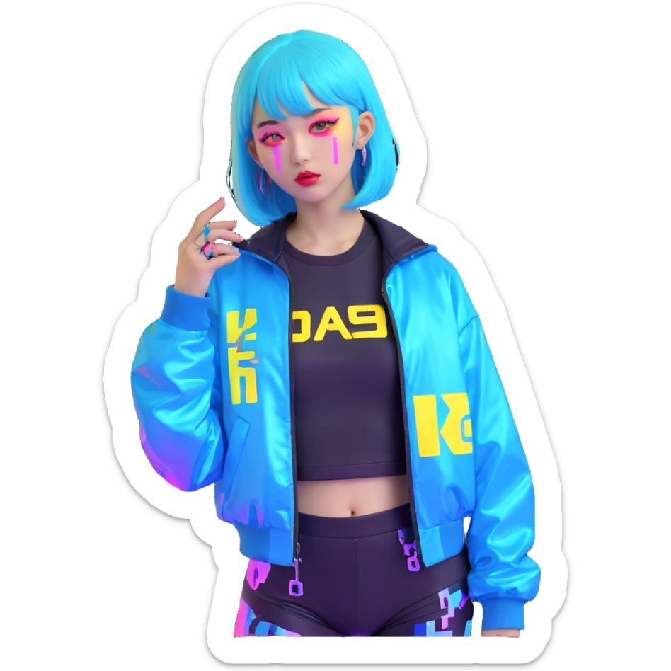 Cyberpunk Japanese girl with neon blue wig, holographic jacket, digital glitches effect, dark background with purple neon glow sticker