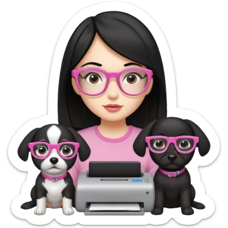 Una chica con pelo negro y lentes rosados, con una impresora negra y dos perras, la primera de color marron y la otra negra sticker