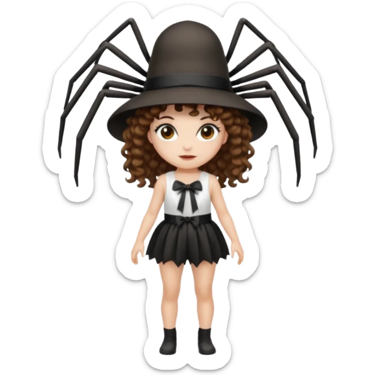 full body woman short curly brown mullet hair brown eyes white skin wearing spider hat and silk ribbon outfit sticker