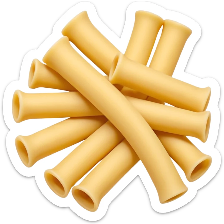 loose scatter of uncooked elbow-shaped pasta tubes in pale golden yellow, smooth matte texture, slightly curved forms, cleanly cut edges, surfaces subtly ribbed or plain, no plate, sauce, or packaging, soft lighting, subtle shadows, emoji scale sticker