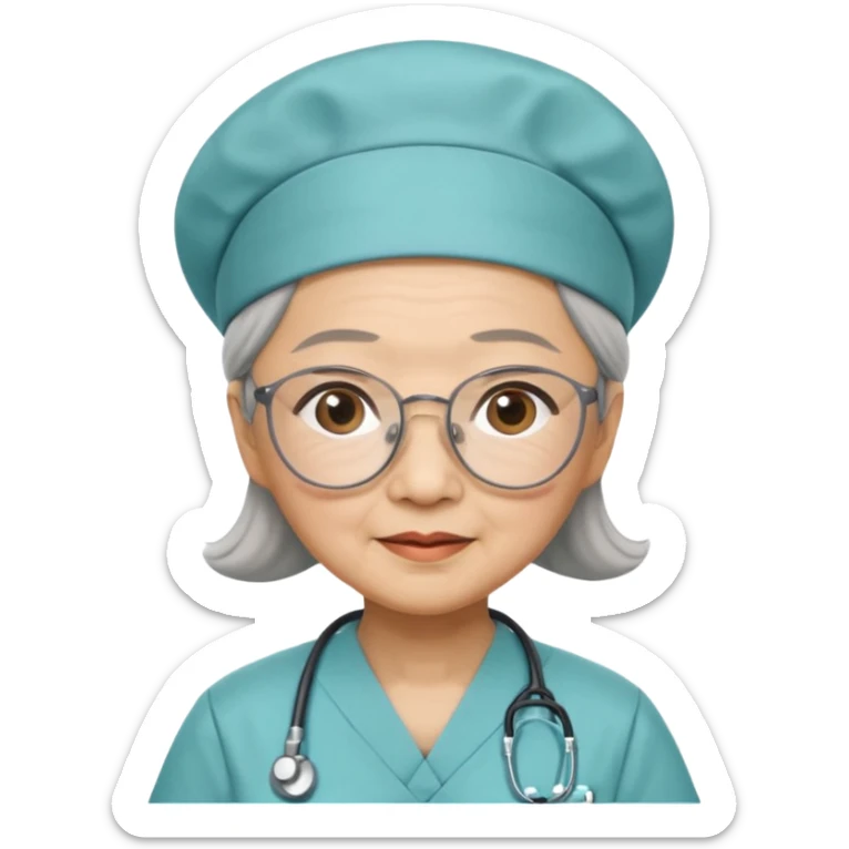 OLD ASIAN WOMAN WITH GLASSES, NURSE SCRUBS, CAP, HIDDEN HAIR sticker