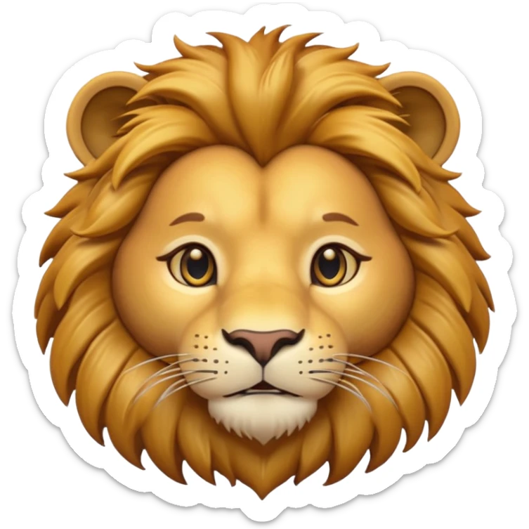 A 3D cartoon lion face close-up with fine whiskers and golden fur detail, soft natural light, strong majestic look, Memoji-style realism. sticker