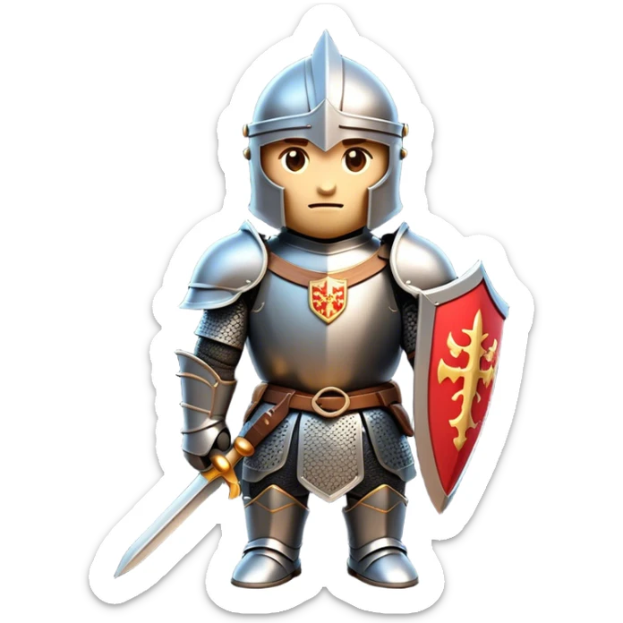 Clash of Clans aesthetic: Cinematic heroic Armored Knight Hero Emoji, rendered in a 3D vector-style similar to standard emojis with minimal shading and bold, simplified shapes. A compact, isometric warrior clad in gleaming plate armor with intricate heraldic details, softly glowing with a chivalrous medieval charm. Simplified yet unmistakably iconic, highly detailed and consistent, glowing with a soft radiant shine and high polish. Stylized with a touch of noble valor and a soft glowing outline, wearing a full face helm so that no face is visible with only eyes visible, capturing the essence of a gallant knight ready for honorable battle with a friendly, playful manner! sticker