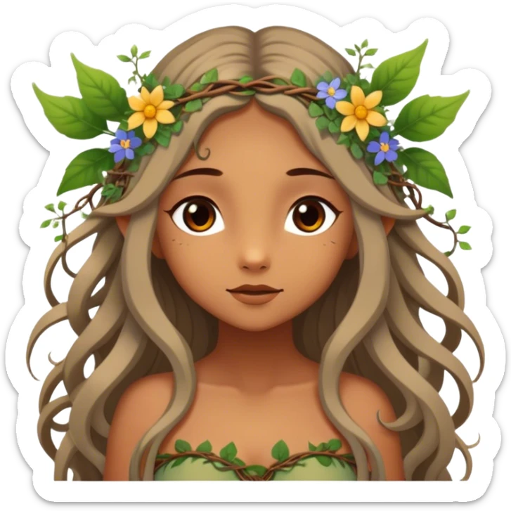 Cinematic Realistic Forest Nymph Fairy Portrait, depicted with lifelike, sun-kissed tanned skin that radiates an earthy glow, softly illuminated by natural, dappled light. Her long, flowing hair is intricately detailed and interwoven with delicate vines and wildflowers, while her deep, soulful eyes mirror the wisdom of the forest. Dressed in an attire inspired by nature’s palette—with subtle botanical motifs—the portrait exudes a soft, enchanted glow that melds realism with woodland magic. sticker