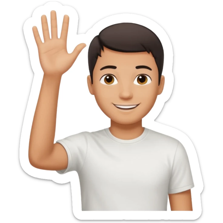 joven bronceado pelo oscuro muy cortito polera blanca sonrisa bonita saludando mano arriba sticker