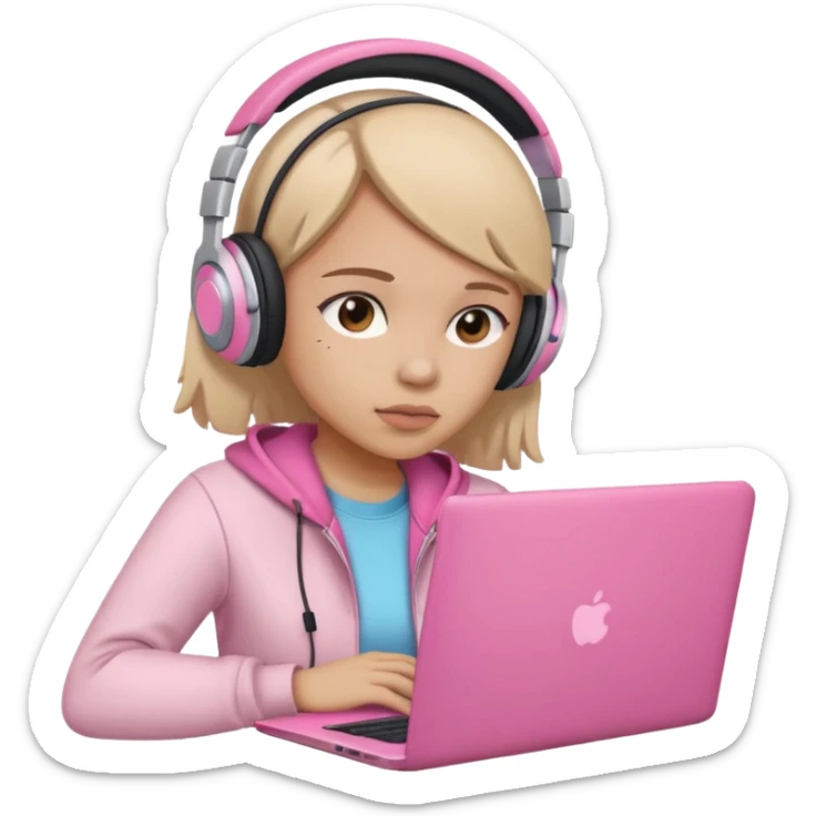 a girl with a pink laptop with headphones, color outline icon style, looking sad sticker