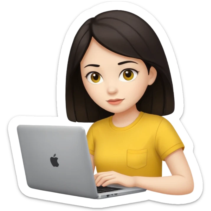 girl on a laptop, dark hair white skin and yellow shirt sticker