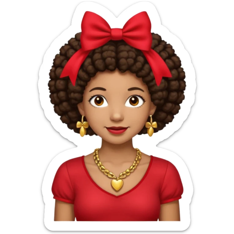 Brownskin girl dark brown hair afro pigtails with red bows brown eyes smiling closed mouth red shirt gold esrrings gold necklace sticker