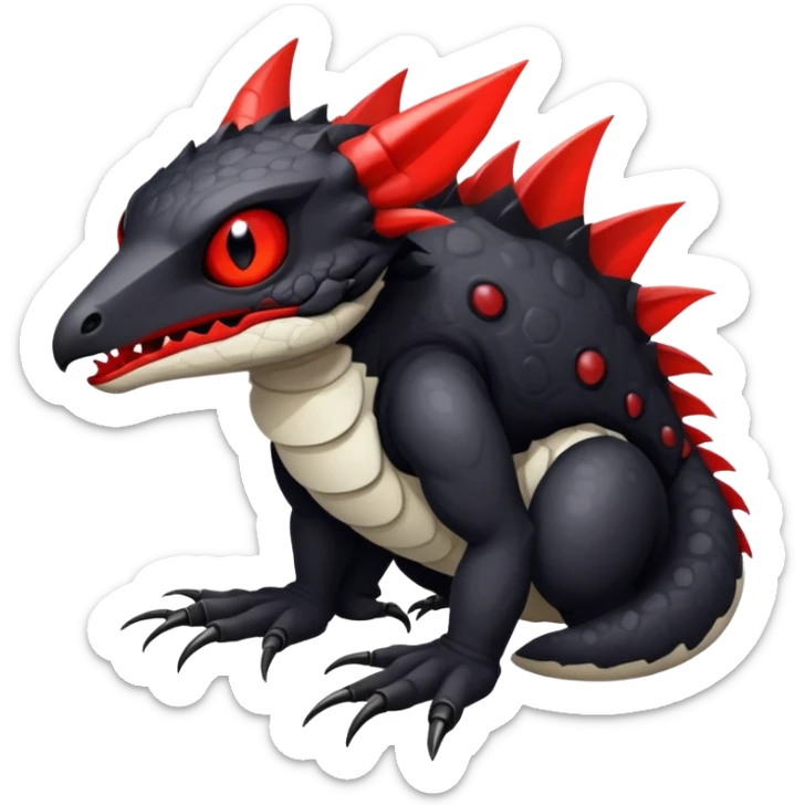 a white exotic edgy vernid-fionbr-Fakémon-creature, with black belly and red eyes, full body sticker