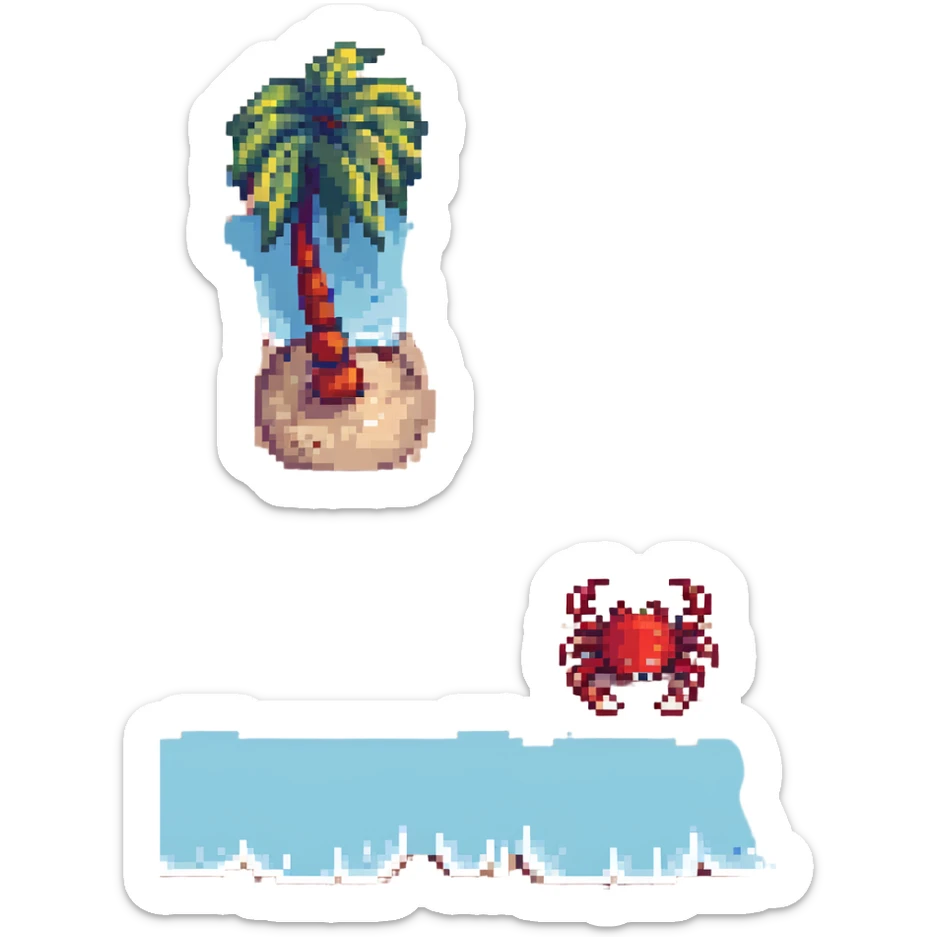 Add a small red crab on the sand near the palm tree in 16-bit pixel art style. Keep gentle waves, soft sand, and clear blue sky as in the original image. sticker