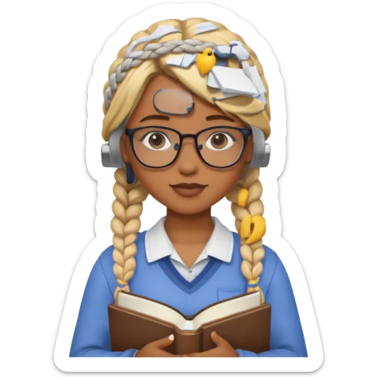 A student, girl, brown skin, braid blonde hair, wearing glasses, hold book in front of their chest sticker