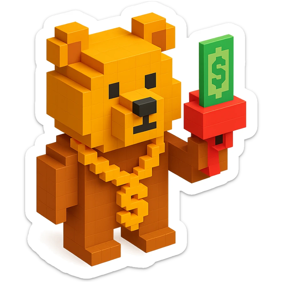 Russian grizzly bear wearing a rapper chain and holding a money gun sticker