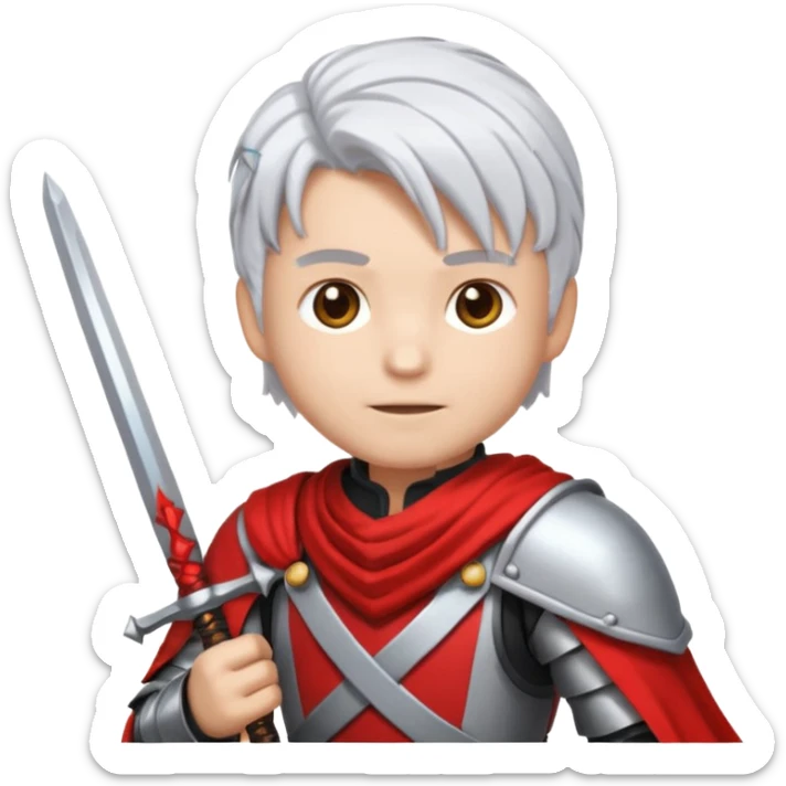 32x32 pixel art emoji, a white-haired boy holding dual swords, inspired by, heroic pose, silver-white hair, glowing red and silver swords, metallic armor details, vibrant colors, transparent background, high contrast, video game icon style. sticker