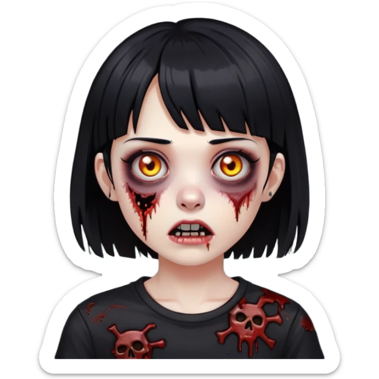 zoombie girl with black hair and short bangs wearing a destroyed black top  sticker