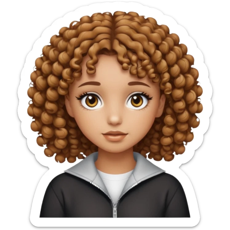 a light tanned girl with curly short length brown hair, black eyes, with y2k light color palette makeup and y2k outfit sticker