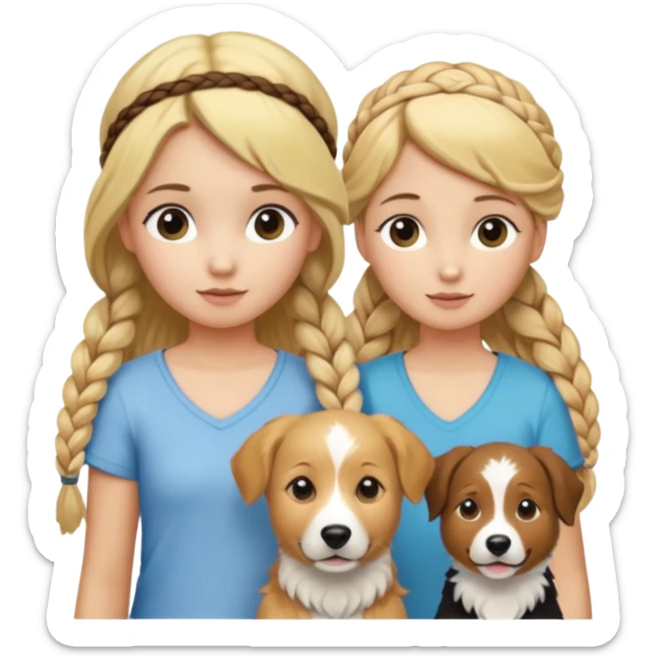 a group of 5 girls two blonde hair tied down one with a golden retriever next to her 1 blonde hair and in a braid  and one brown hair with a head band and 1 blonde hair in a small braid with a border collie next to her sticker