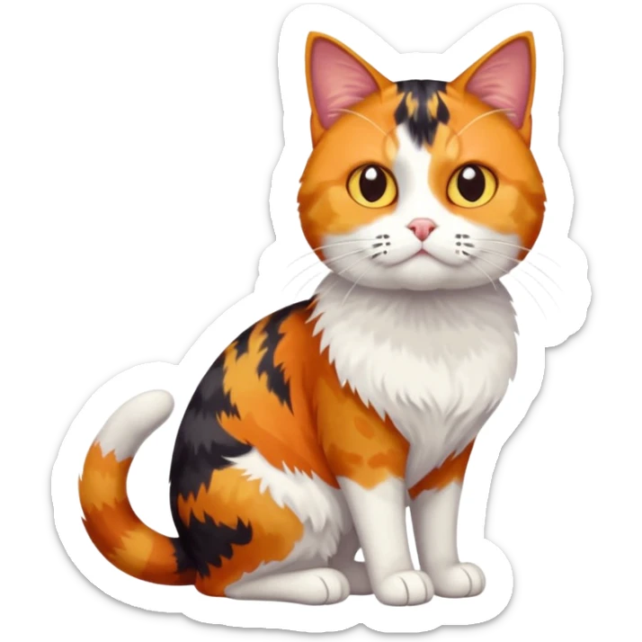 full body colourful calico tabby cat with disproportioned head with an anxious face and white front legs sticker