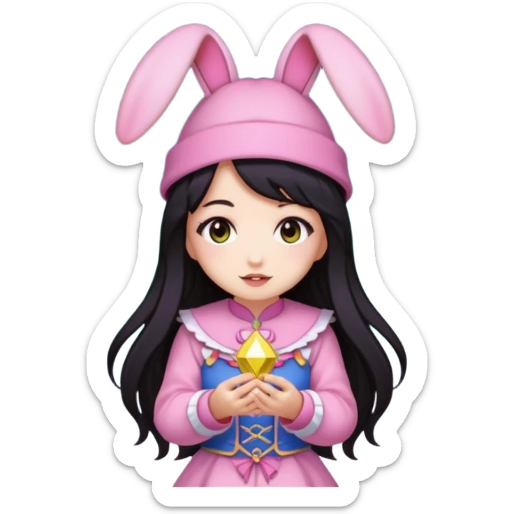 pixel art chibi asian girl with dark long hair in pink bunny ears hat magical girl with kawaii tarot cards thrown in air pixel emoji sticker