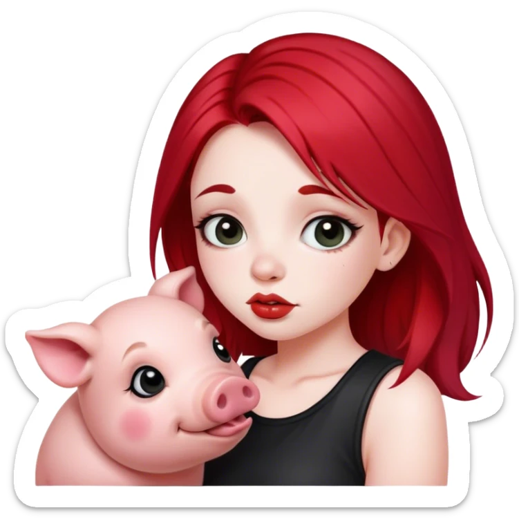 Girl with split dye black and red hair down the middle. She is kissing a cute pig  sticker