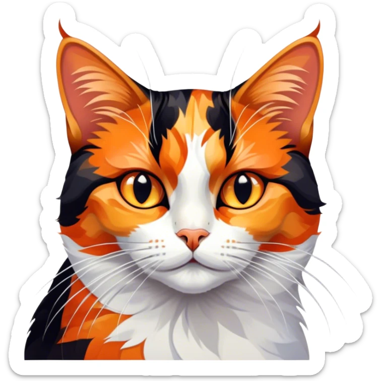 Cinematic Noble Calico Cat Portrait Emoji, Poised and regal, with a striking patchwork fur in vibrant orange, black, and white hues, delicate whiskers and a refined, focused gaze, simplified yet exquisitely detailed, glowing with a soft, moonlit radiance and an air of aristocratic elegance, high shine, exuding dignified intelligence and poised authority, soft glowing outline, capturing the essence of a watchful and noble calico cat that appears ready to grace the screen with effortless majesty! sticker