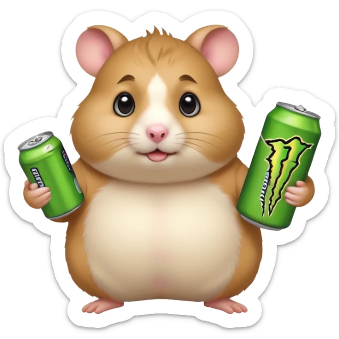Funny cartoon-style fat hamster with big wide eyes  holding a can of monster energy in one hand and redbull in the other hand sticker
