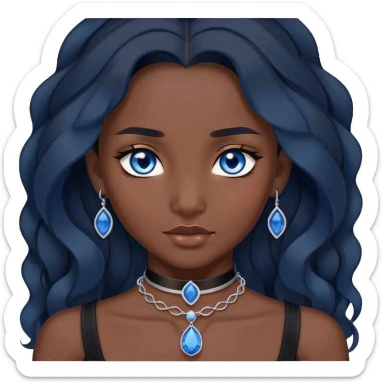 katara avatar with blue eyes, dark skin, long wavy dark black hair, sapphire on choker necklace  sticker