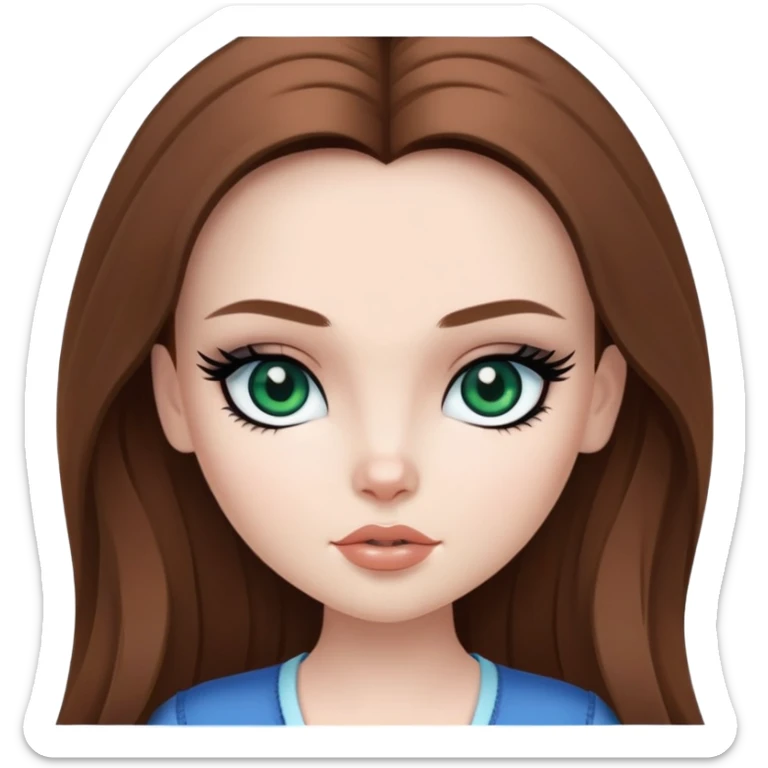pretty bratz girl, long brown hair, dark green eyes, black eyeliner, pale skin, blue style sticker