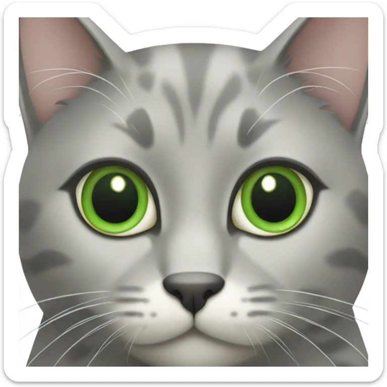 the face of a gray cat with a white spot on its chest and green eyes sticker