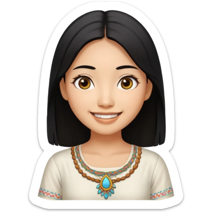 30 yr old asian woman center parted hair big eyes big smile tanned skin straight black hair hippie part hair white blouse sticker