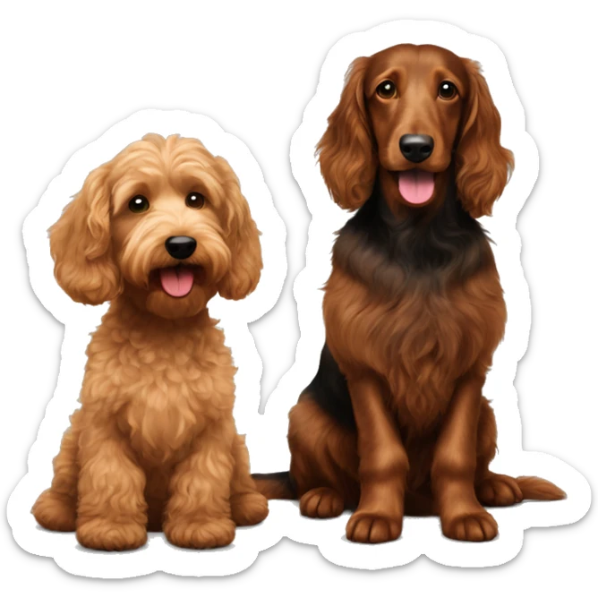  Brown goldendoodle and a black and brown longhair dachshund sitting together  sticker