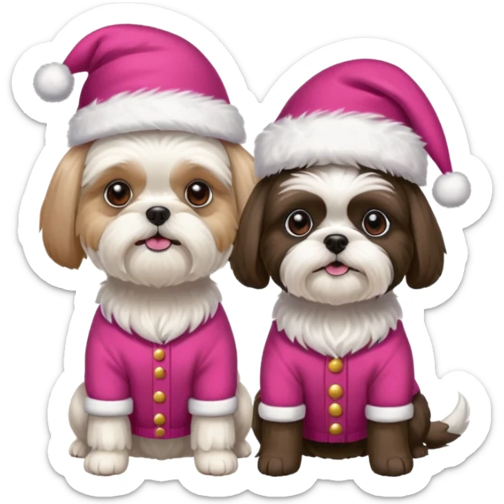 two dogs one little white all over shih tzu dog with pink santa hat and one bigger mostly white with black havanese dog wearing red christmas sweater and red christmas hat sticker