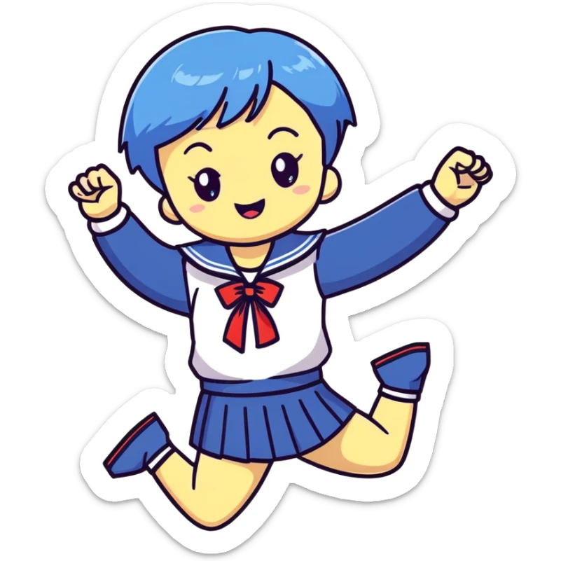 Energetic anime girl with short blue hair wearing Japanese sailor style school uniform, jumping excitedly with arms raised, very cheerful, kawaii style sticker