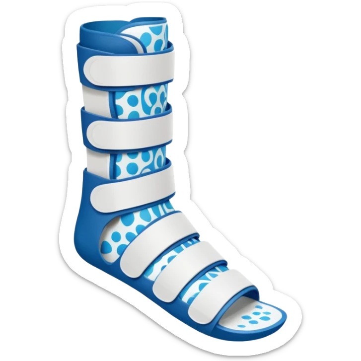A orthopedic ankle-foot orthosis (AFO) for a small child. The brace goes just below the knee and its with a bright blue water-like pattern. It has white velcro straps across the foot and ankleand a spiral side design. sticker