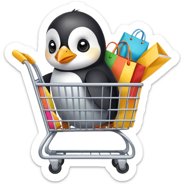 cute baby penguin sitting in a shopping cart filled with shopping items and colorful shopping bags sticker