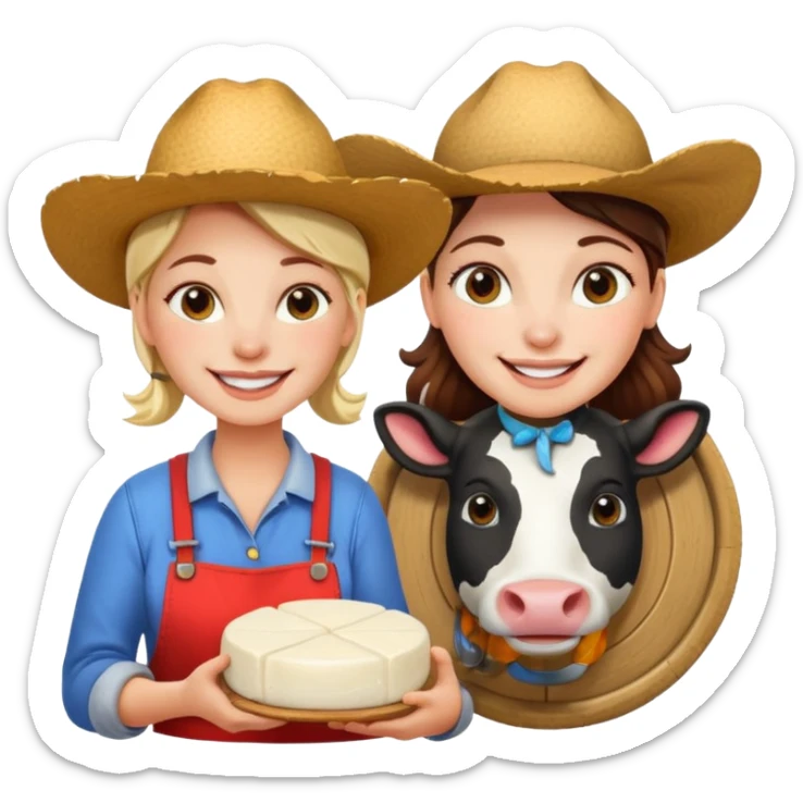 smiling female farmer with a cow next to her and mozzarella cheese, vibrant colors, simple background sticker