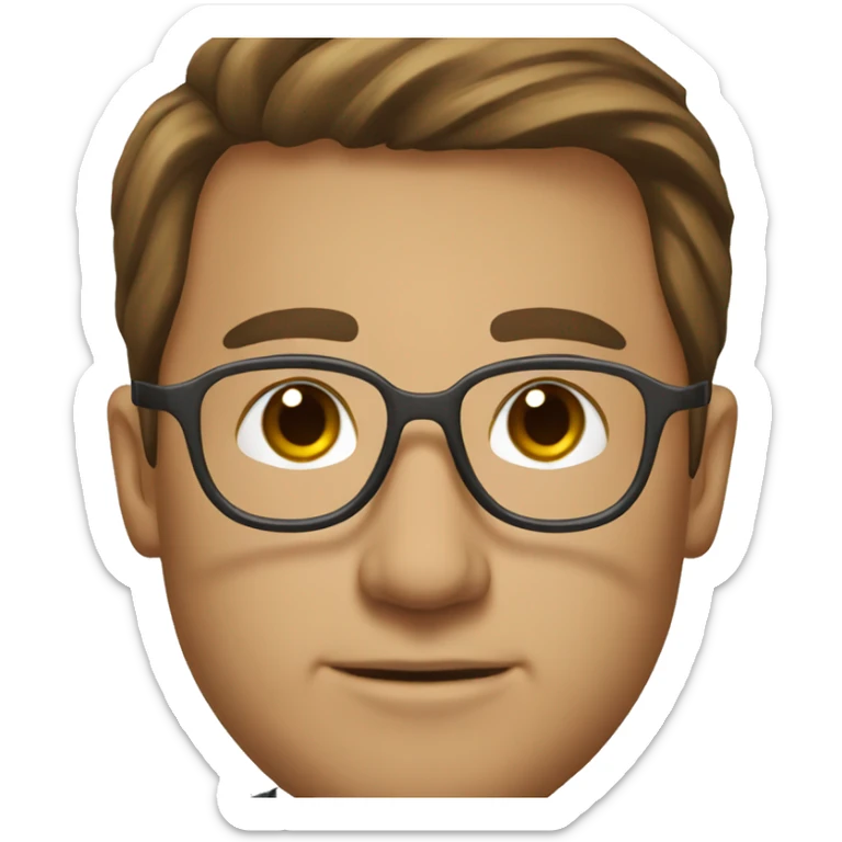 lawyer in suit with brown hair and brown eyes and gold round glasses sticker