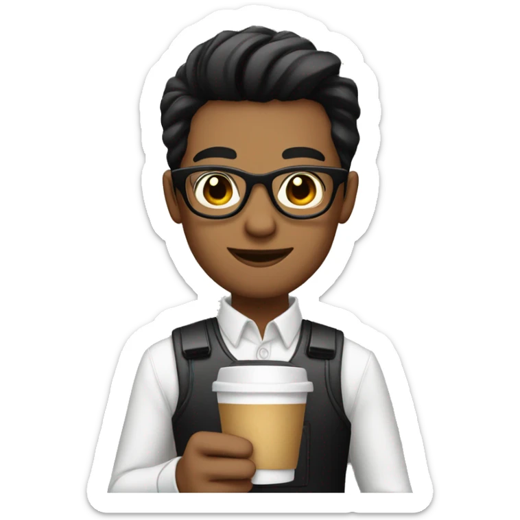 Barista with black hair, white skin, wearing glasses, and holding a coffe sticker