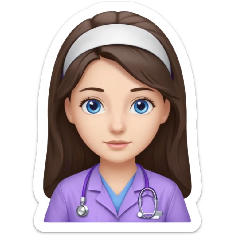 pretty brunette nurse with long hair and blue eyes in lilac scrubs sticker