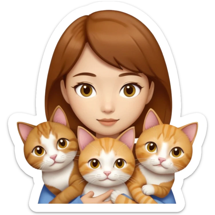 Asian girl, brown hair, brown eyes skin tone almond holding three cats one ginger, one yellow white one British short hair cream colour sticker