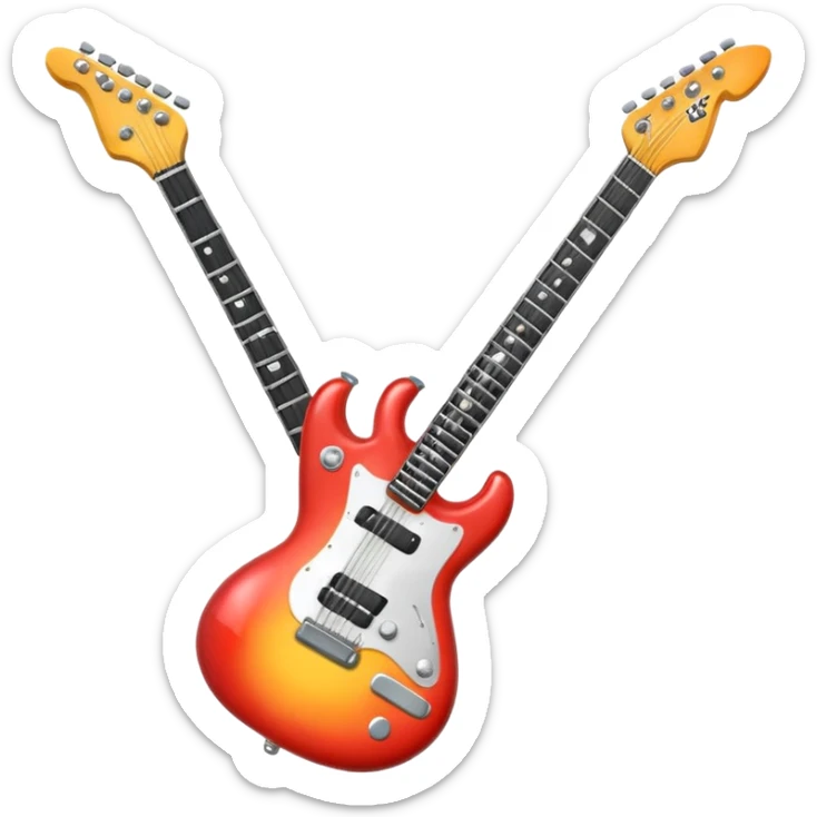 A 3D Apple-style emoji showing the word "ROCK" in bold metallic letters, with a small electric guitar leaning on the text, vibrant glowing effect, playful and energetic cartoon style, symbolizing rock music. sticker