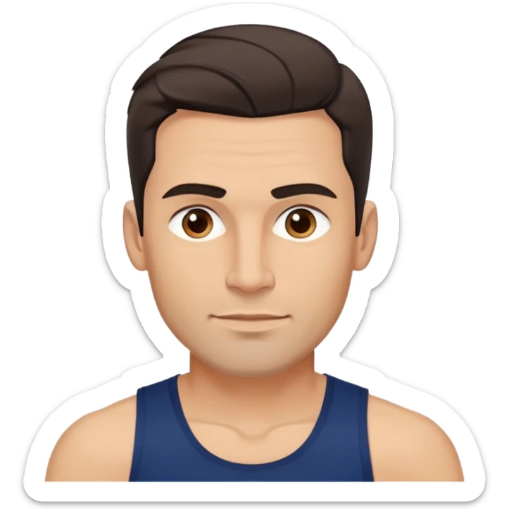Youthful-looking athletic 40-year-old man with light brown skin, elongated face, defined jawline, attractive features, medium dark eyes, arched eyebrows, straight nose, confident expression, medium wavy dark hair with modern style, wearing a navy blue tank top sticker