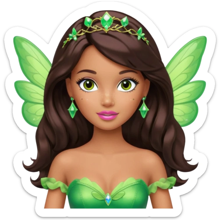 Pretty thick Barbie girl with caramel skin. Dark brown hair and brown eyes. She has freckles. Wearing sexy makeup. Wearing a green fairy costume and heels and flying sticker