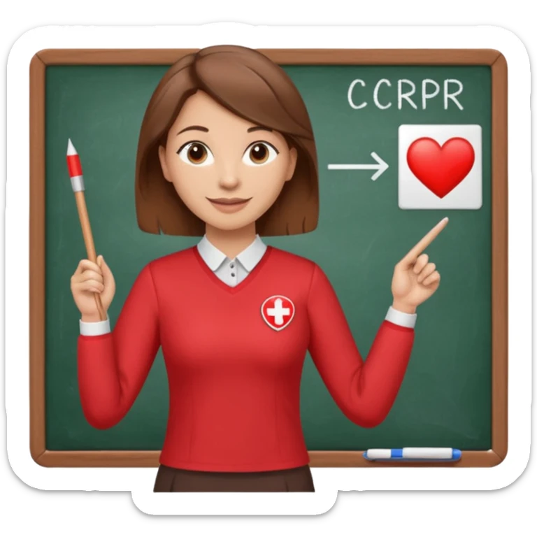 Happy Teacher, female, brown hair up, wearing a red long sleeve top holding a pointer stick to a white board with a CPR logo. sticker