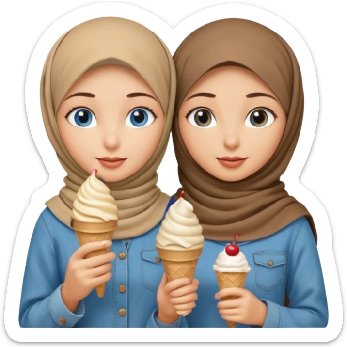 Turkish beautiful finish Konya two girls blue eyes with beige denim hijab islamic dress and had on her hand ice cream in cup sticker