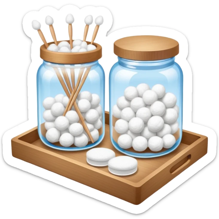 wooden tray with a jar of cotton balls, a jar of cotton swabs, a jar of cotton pads with wooden lids, with sparkles sticker