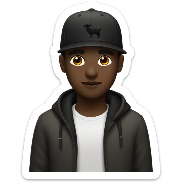 a sightly dark skinned boy with a low taper fade and black hair and a black cap and a goat beard and a brown roll in mouth sticker