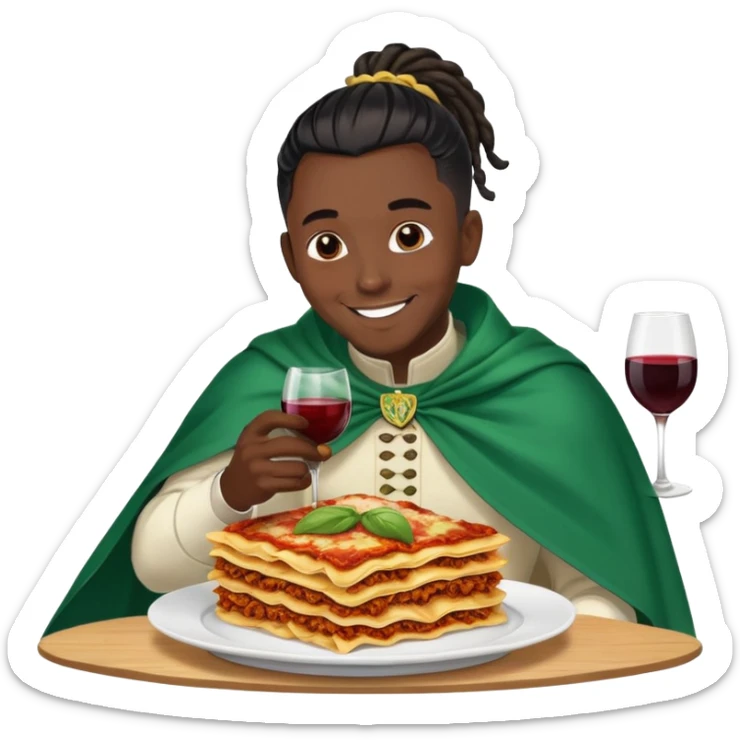  High fade widows peak ponytail dreadlock male black hair dark skin smiling and nigerian cape lasagna and wine while flying sticker